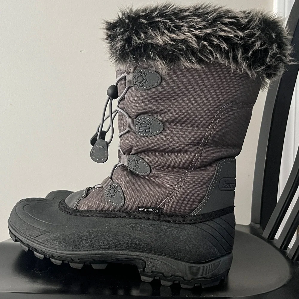 Like New Kamik Momentum Waterproof Gray, Black Winter Snow Boots, Faux Fur Sz 7